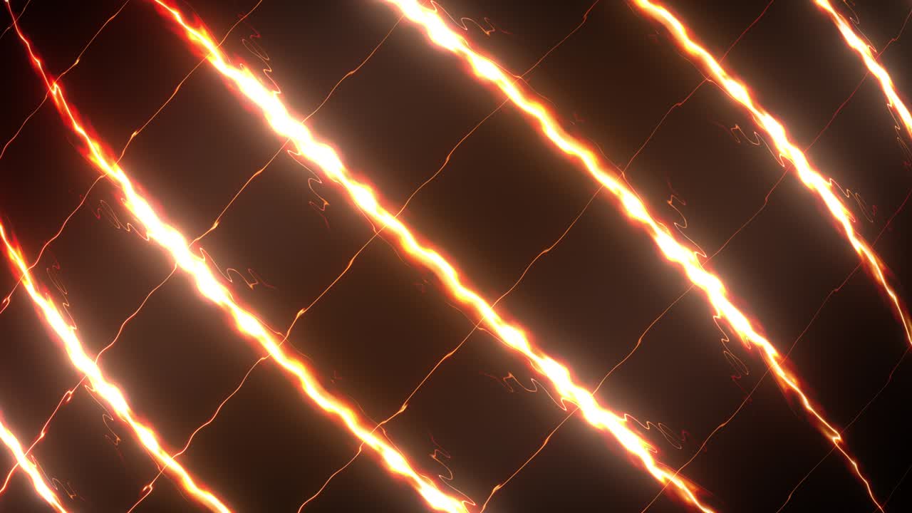 Animazione digitale astratta di fulmini in movimento. Movimento creativo di linee luminose di energia elettrica rosso-arancio. Design lucido in loop continuo 4K 3D, concetto tecnologico di linee luminose a rete. VJ loop.