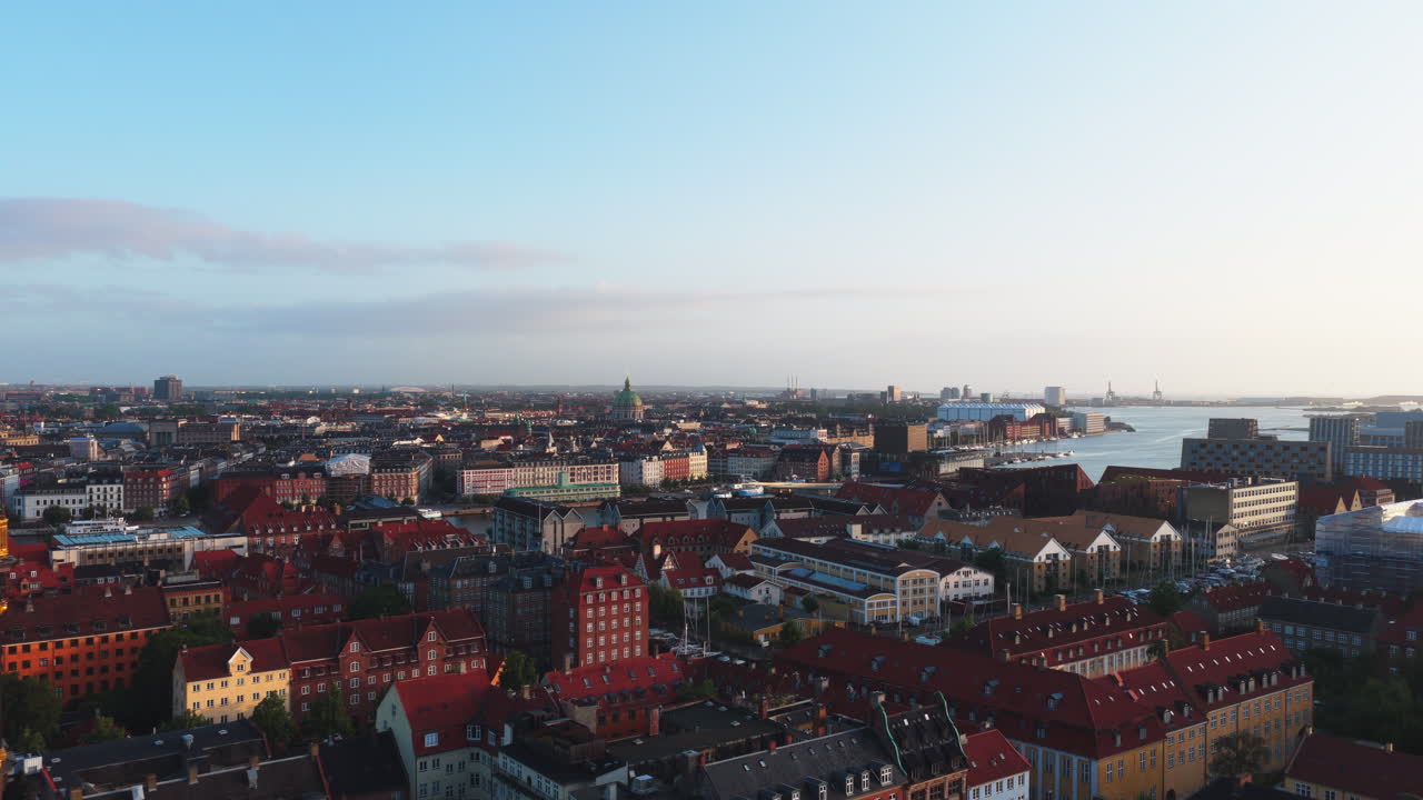 Aerial drone view of the iconic spiral tower of the Church of Our Saviour in Copenhagen, Denmark