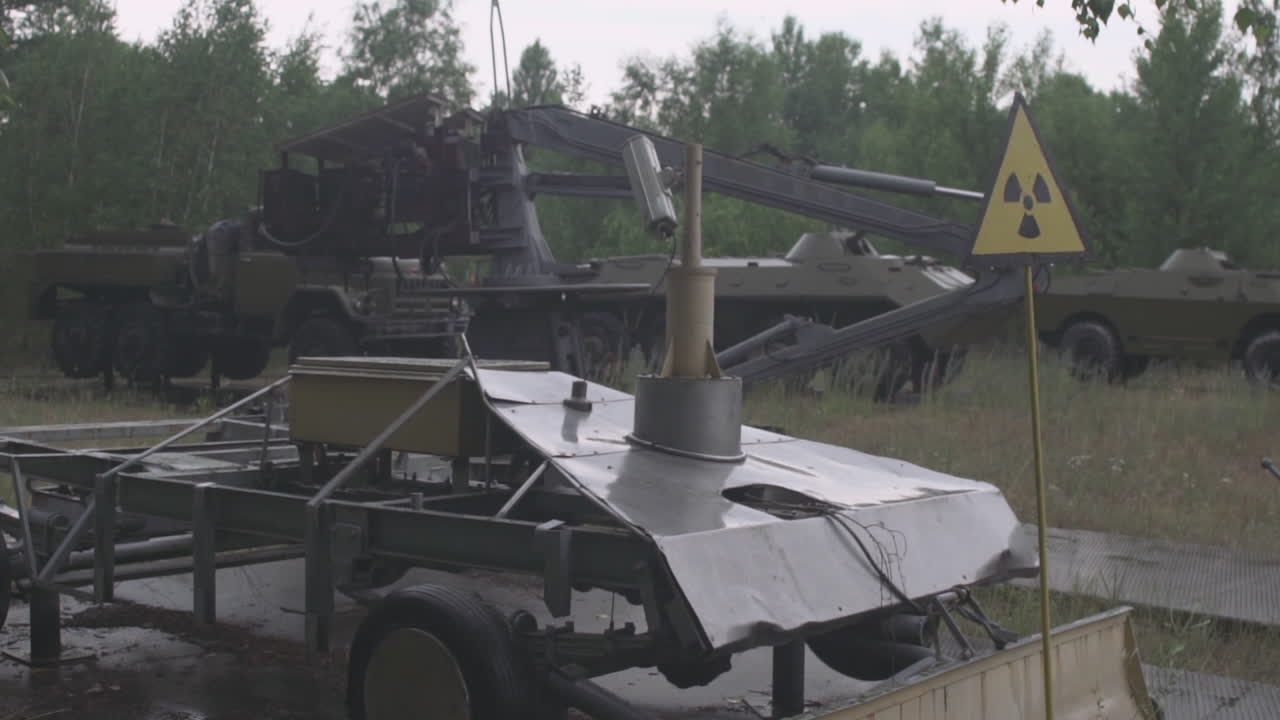 Shot of the abandoned radioactive vehicles near Pripyat in the exclusion zone, near Chernobyl Powerplant, Ukraine.