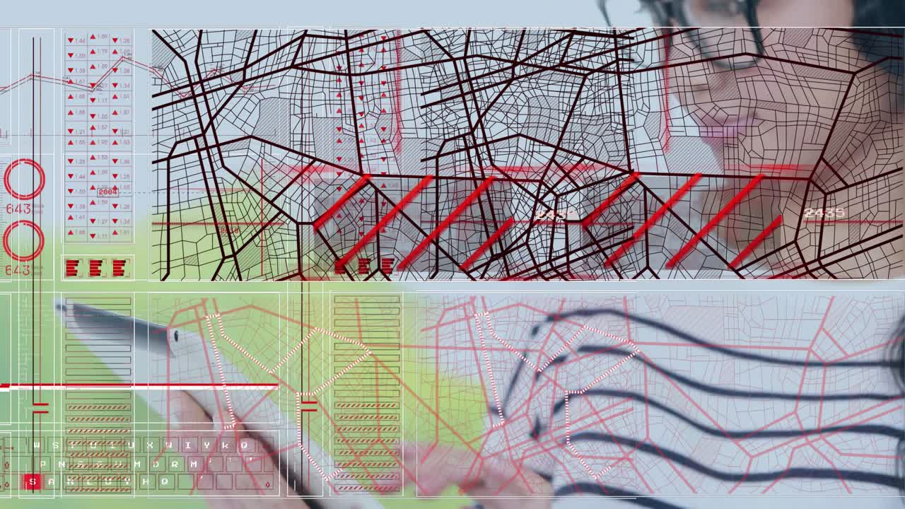 Animazione di un'interfaccia con elaborazione dati su una donna asiatica che usa un tablet digitale.