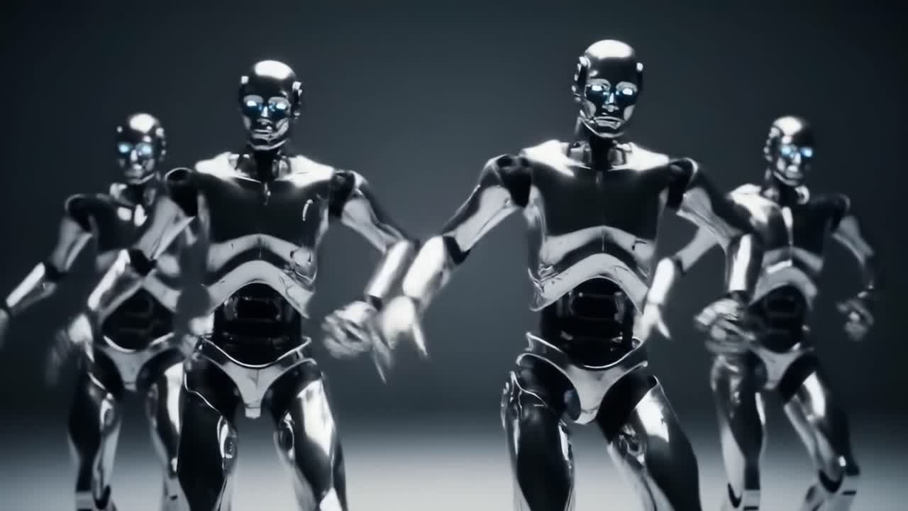 A Stunning Display of Synchronization: Futuristic Robots Engage in a Mesmerizing Dance Sequence with Fluid Movements and Reflective Surfaces Captivating the Audience