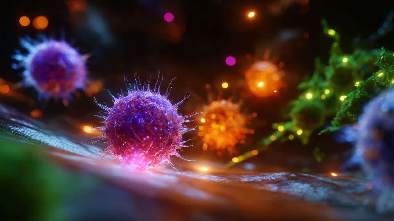 Entità microscopiche dai colori vivaci: un'esplorazione delle strutture cellulari e delle loro interazioni in un ambiente biologico dettagliato e affascinante