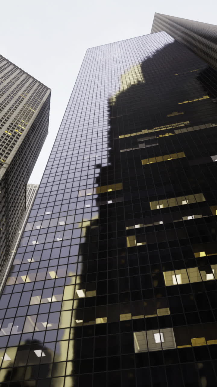 Skyscrapers tower over city streets during twilight hour in urban landscape