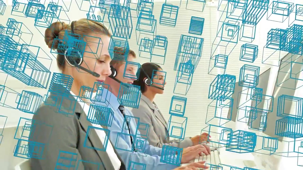 Animation of digital city over diverse business people using phone headset