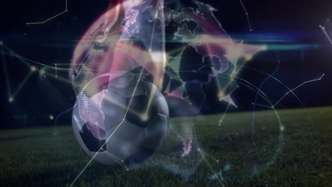 animation of globe rotating over legs of male soccer player