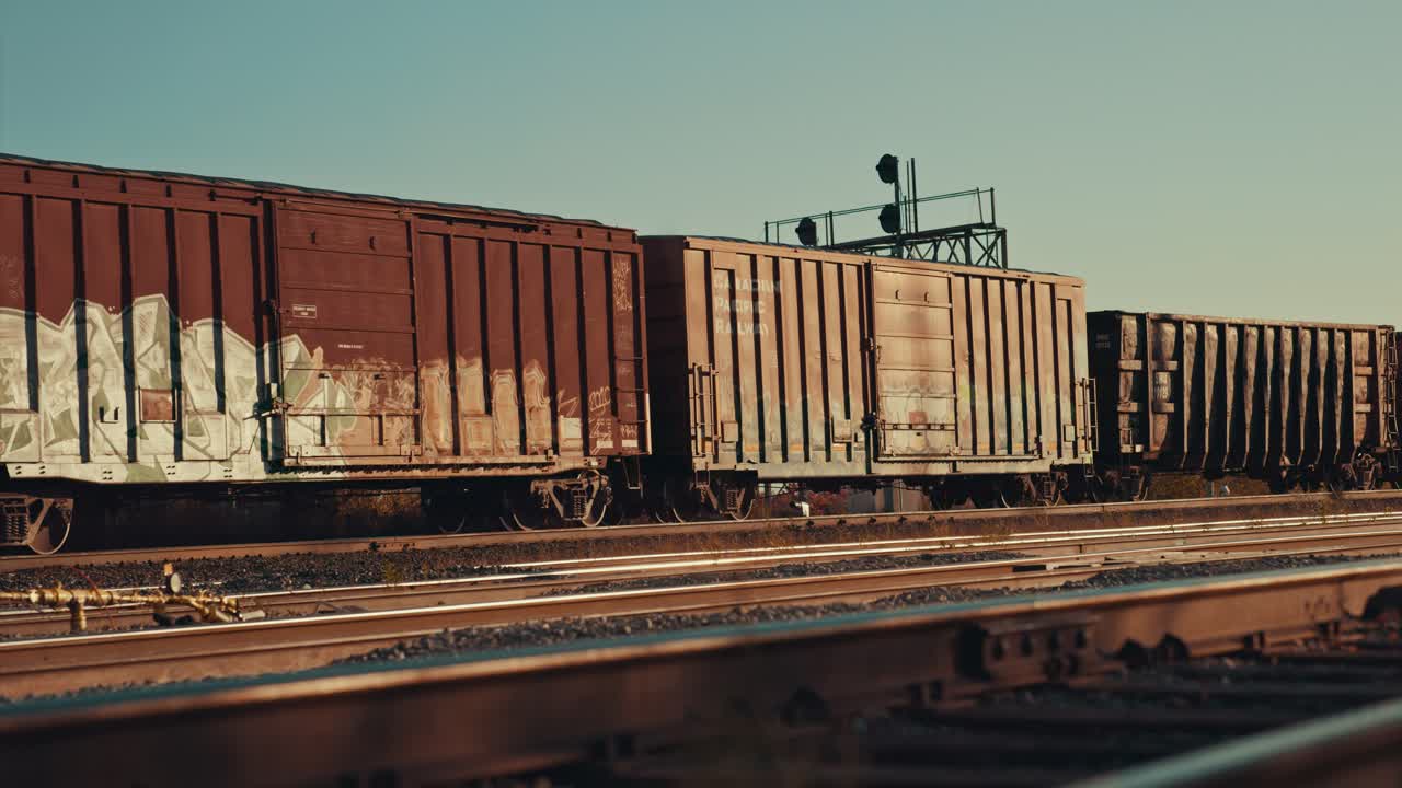 Freight Train Cargo Cars Departing Station at Empty Industrial City Railway Yard. Locomotive wagons speed up on Station Rail Tracks Infrastructure at Sunset during Golden Hour Dusk Cinematic ProRes 4k
