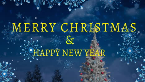 Animation-of-snowflakes-falling-over-merry-christmas-and-new-year-text-banner-and-christmas-tree