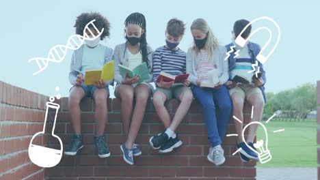 school concept icons against group of students wearing face mask reading books sitting on brick wall