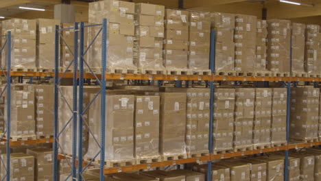 long pan of high racks filled with boxes in warehouse