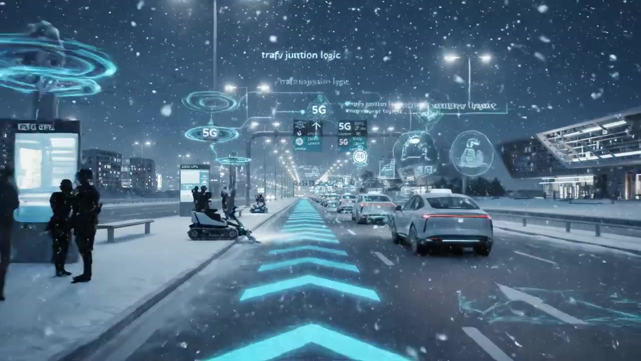 Futuristic winter cityscape with self-driving cars and digital technology amidst a snowfall, showcasing advanced connectivity and smart navigation systems on a busy highway.