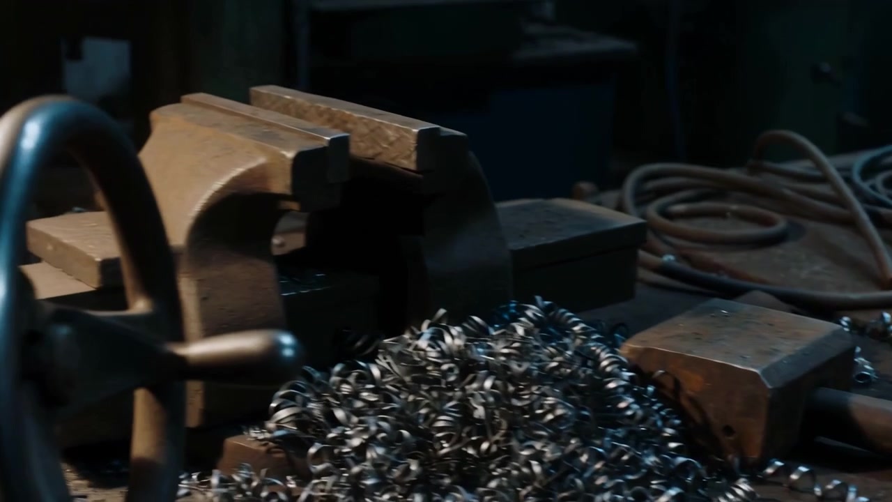 Scena di officina a bassa altezza con mandrino di trapano a colonna, punta a spirale, morsa in ghisa, banco di legno e trucioli di metallo sparsi, illuminata da una lampada a soffitto con dettagli industriali grezzi, con trapano, pressa e mandrino.