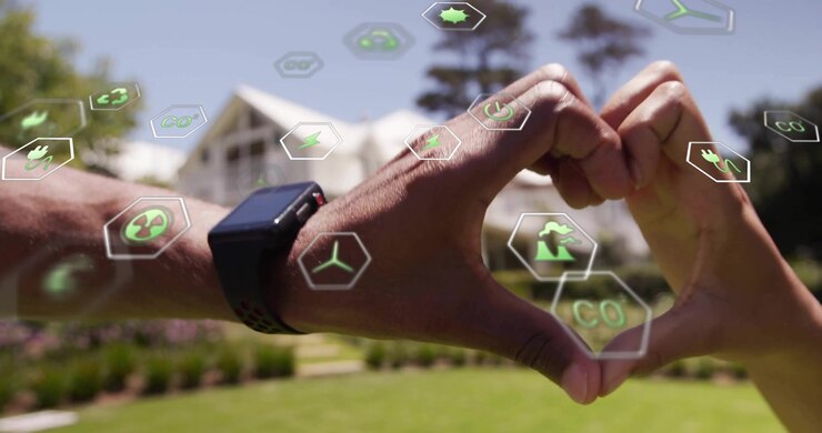 Coppia che forma un cuore con le mani, attivando icone di energia verde che mostrano la tecnologia per la casa intelligente.