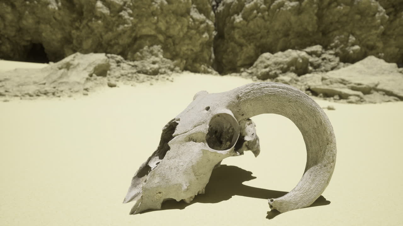 Desert landscape featuring a detailed ram skull resting on sand