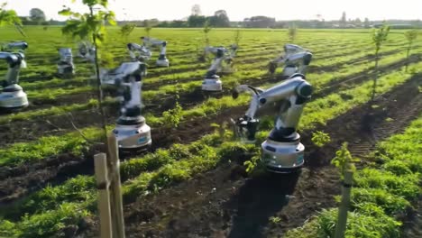 innovative agricultural robots tend to young trees in a lush green field, showcasing advanced technology in sustainable farming practices