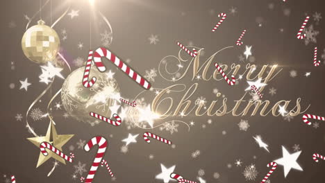 animation of merry christmas text over baubles and candy canes