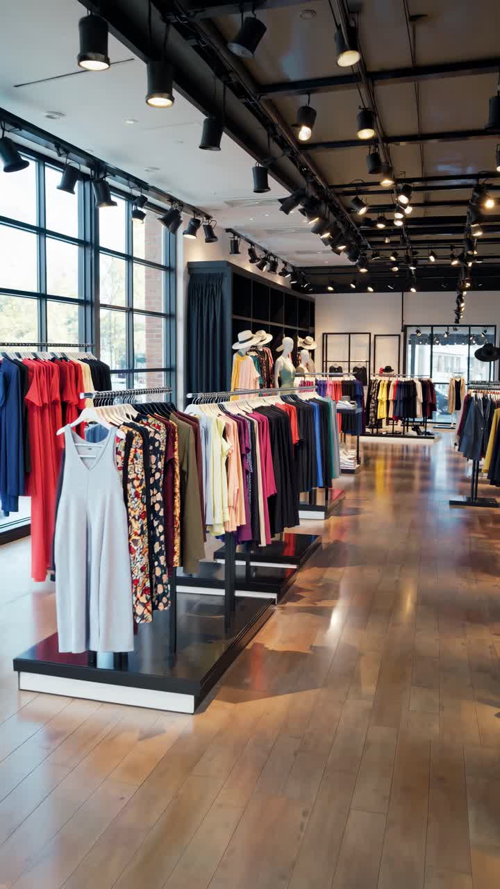Foto grande angular do interior de uma loja de roupas moderna, mostrando peças de vestuário vibrantes em prateleiras