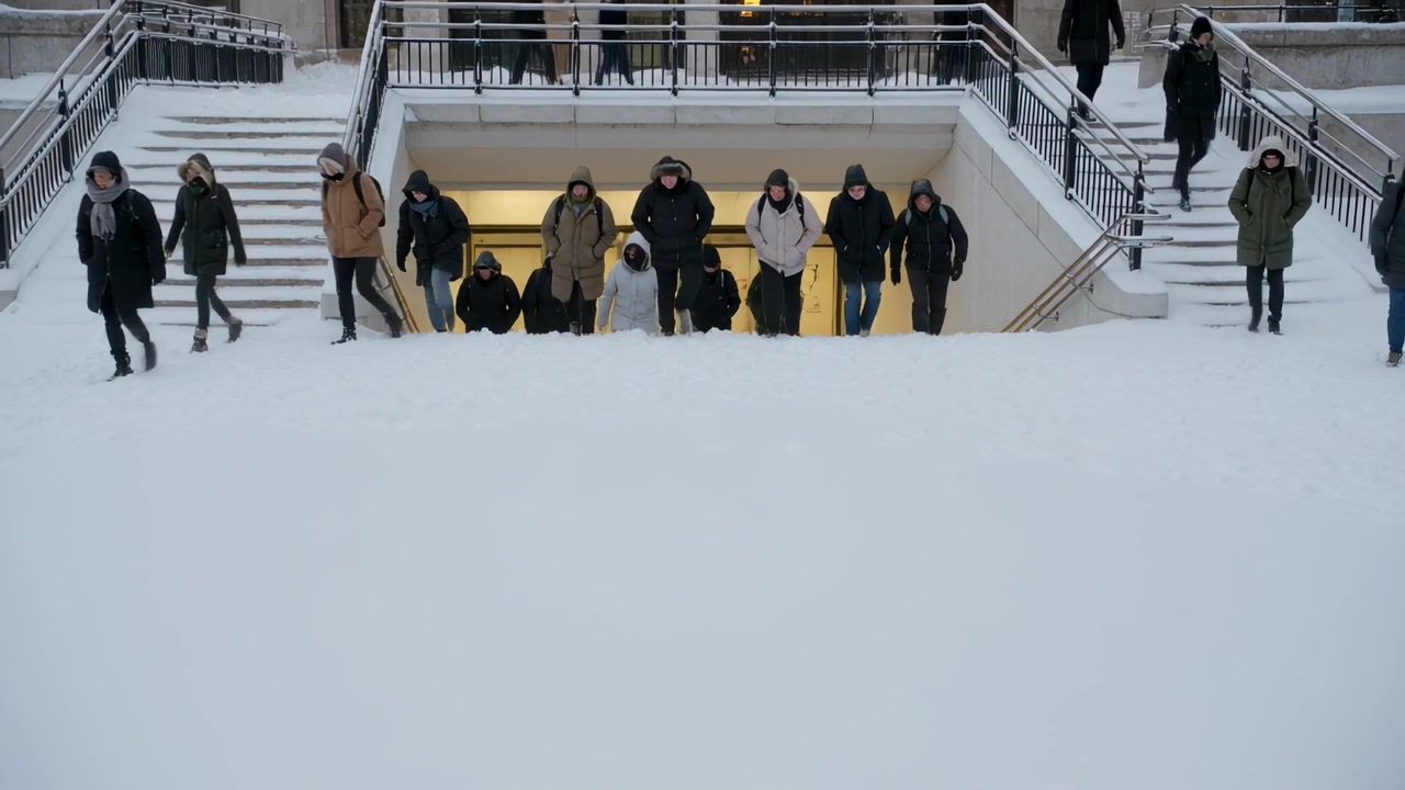 Des personnes montent les escaliers d'un passage souterrain, traversent une place enneigée pour sortir, vêtues de parkas.