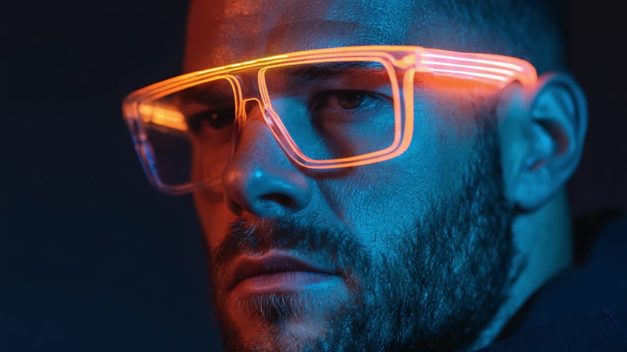 A striking visual of a modern individual with prominent illuminated glasses, showcasing a bold expression against a contrasting dark backdrop, highlighting a blend of style and personality