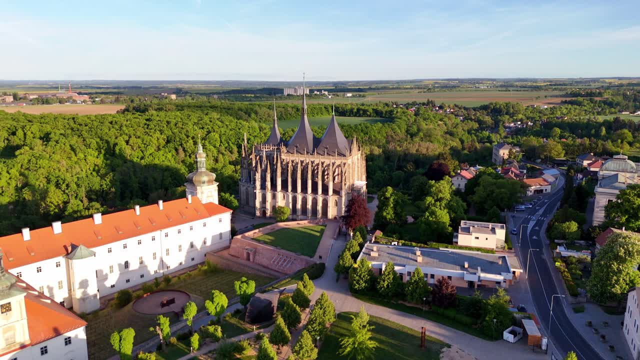 Church Of Saint Barbara From The Art Gallery Park In Czech Republic. - aerial shot