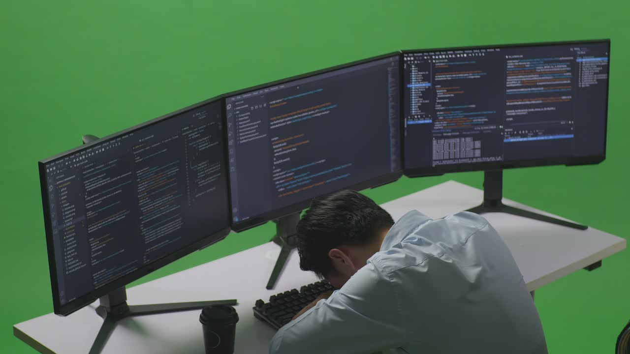 Side View Of Tired Asian Man Developer Sleeping While Write Code With Multiple Computer Screens In Green Screen Studio