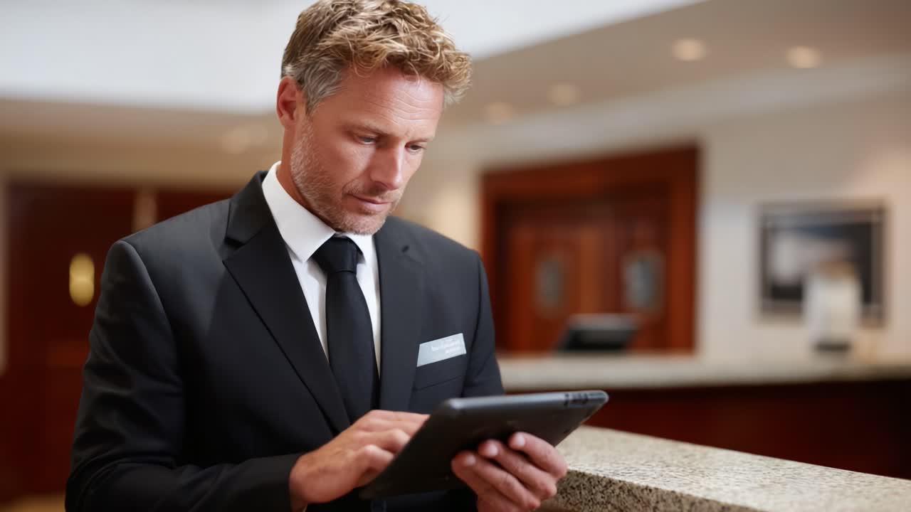 A Professional Man in a Suit Engaging with a Tablet in a Modern Indoor Setting, Showcasing Modern Business and Technology Interactions