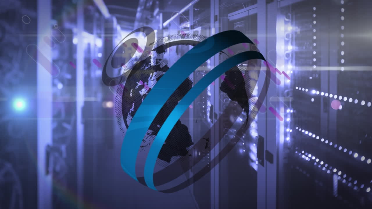 animación de senderos de luz globo y púrpura sobre servidores de computadoras