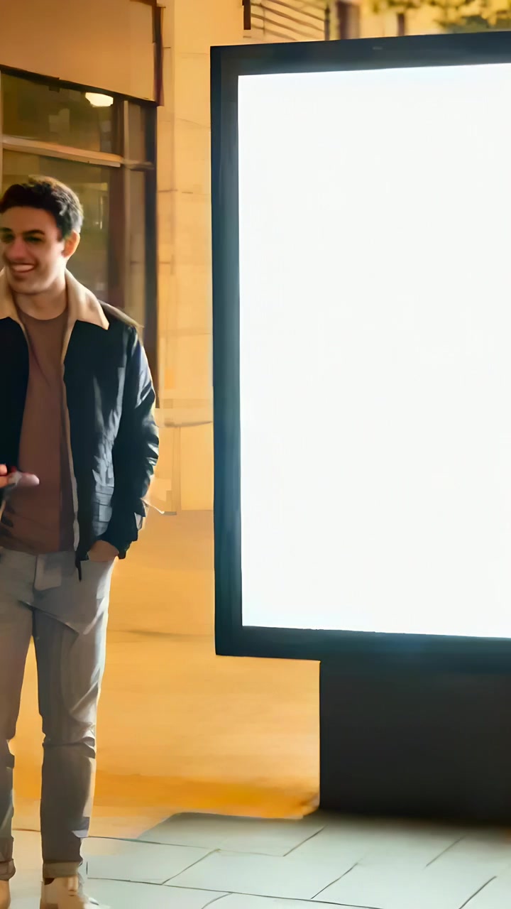 Vertical video: Noticing bright ad, man in coat pointing at display on sidewalk while holding phone