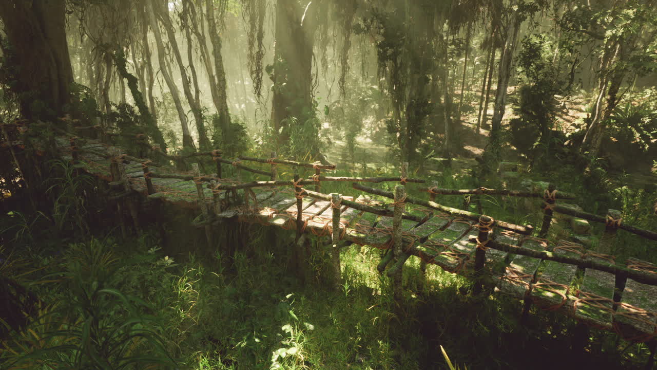 viejos puentes de madera construidos por los aborígenes en la selva bajo el follaje verde