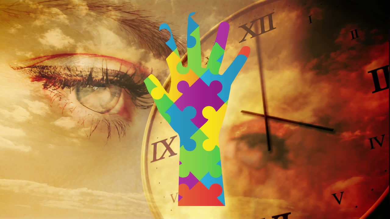 rompecabezas formando una mano sobre los ojos parpadeando contra el reloj y el cielo naranja