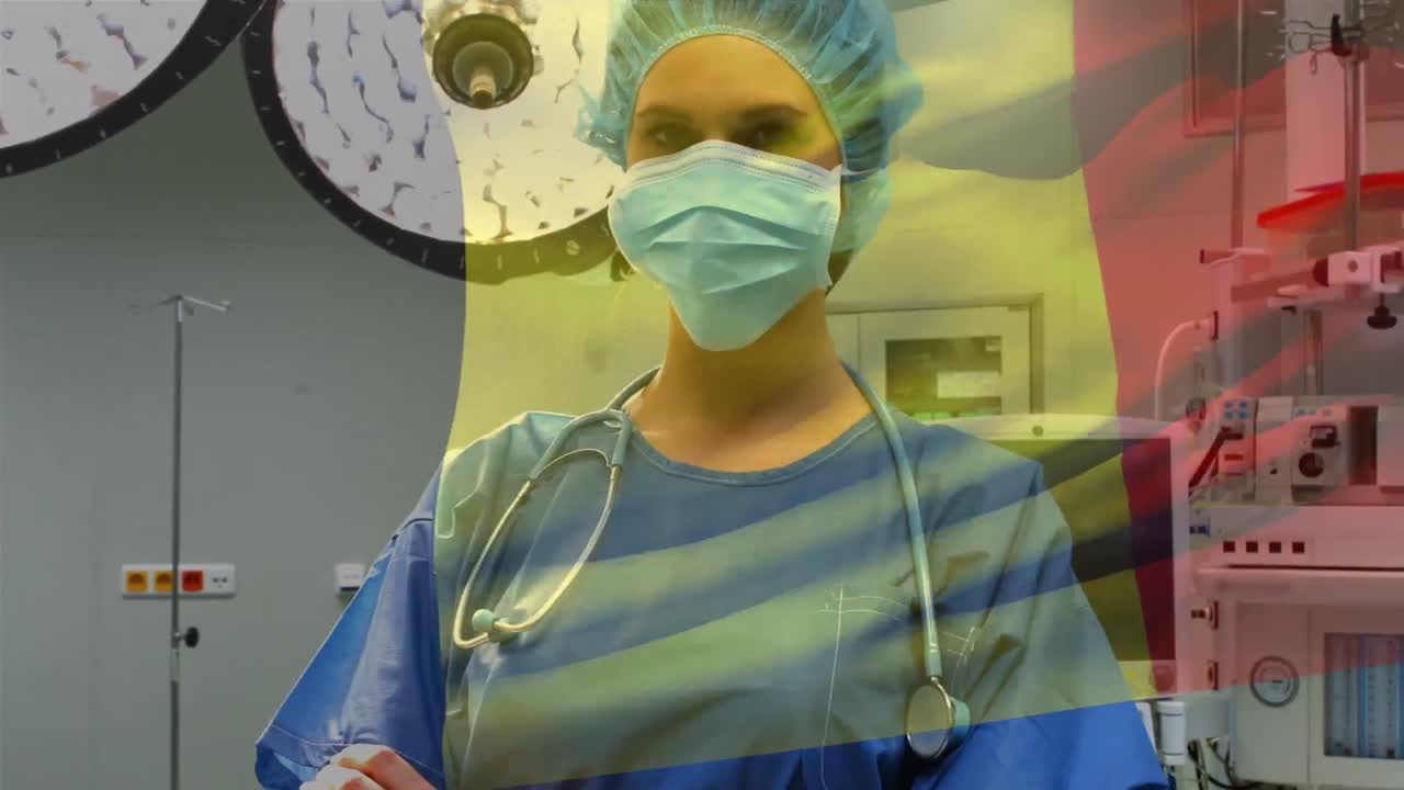 animación de la bandera de rumania ondeando sobre el anestesiólogo en el quirófano