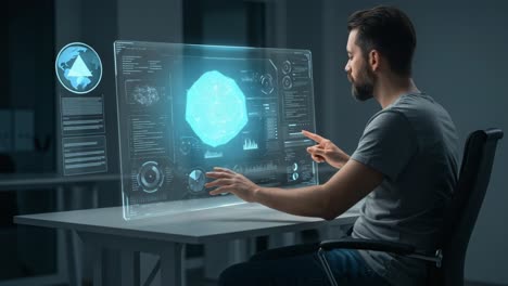 a focused individual engaging with advanced holographic technology to visualize complex data patterns in a modern, high-tech office environment