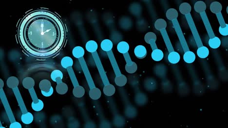 Animation-of-clock-moving-over-dna-strands-on-black-background