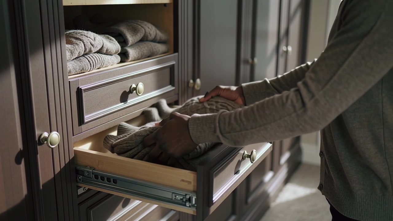 Pulling open drawer, hands placing knit sweaters into wardrobe, organizing in gray top, copy space