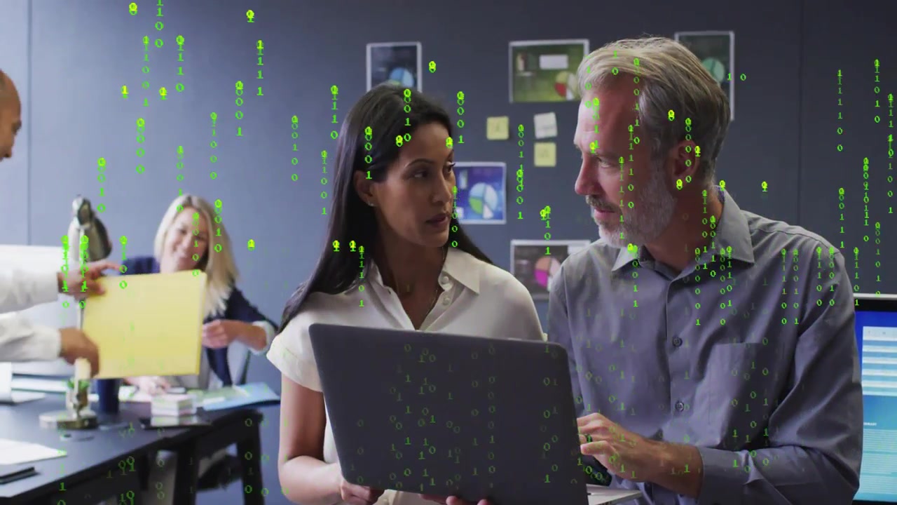 Team reviewing business data on laptop, passer handing yellow envelope drawing look, binary fading