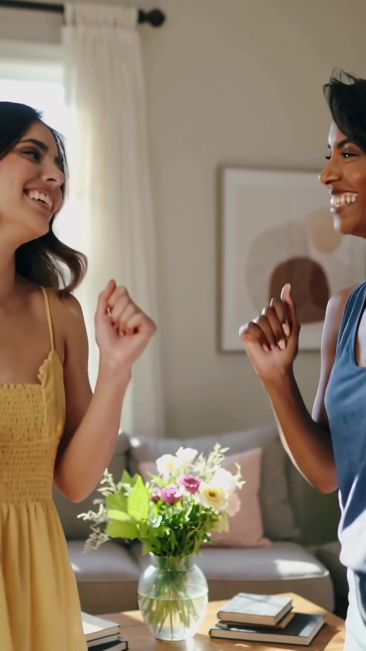 Vertical video: Smiling women in yellow dress and blue tank sharing rhythm at home, with vase