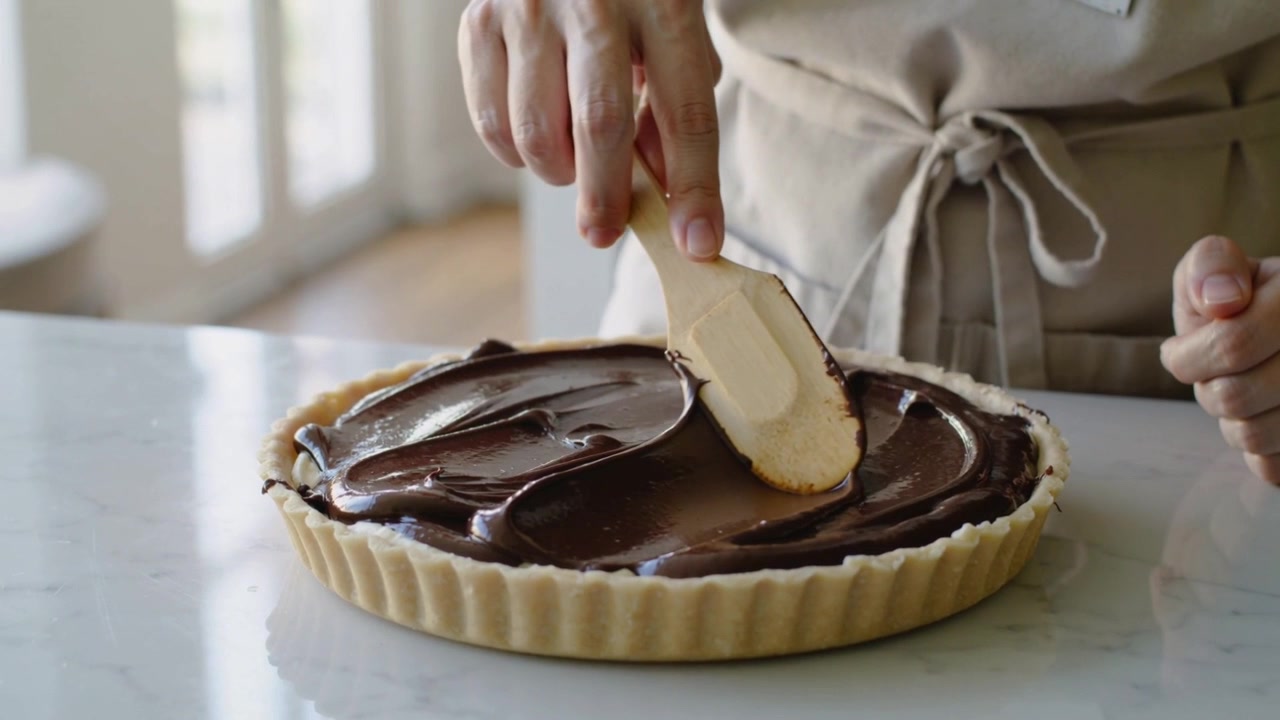 Lowering spatula, hands wearing apron spreading ganache across tart on home counter, finishing tart
