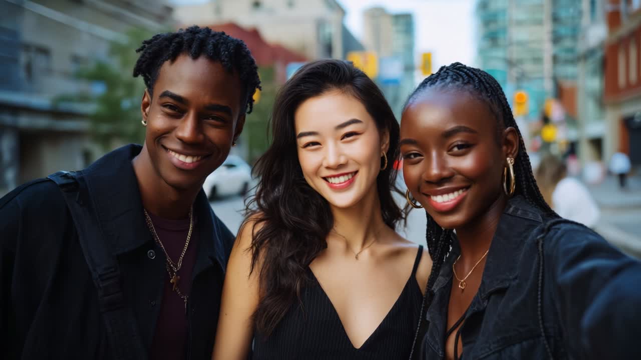 A vibrant and joyful moment captured as three friends smile together for a selfie in a bustling urban setting, showcasing their camaraderie and radiating positivity against a city backdrop