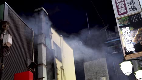 smoke rising steadily in a narrow alleyway