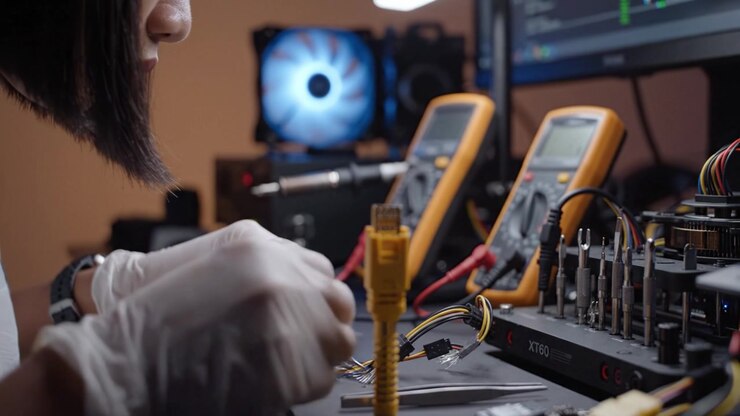 Hands-On Electronics: Detailed Assembly Process of a Connector within a Technical Workspace, Focused on Precision and Innovation in Modern Equipment Usage