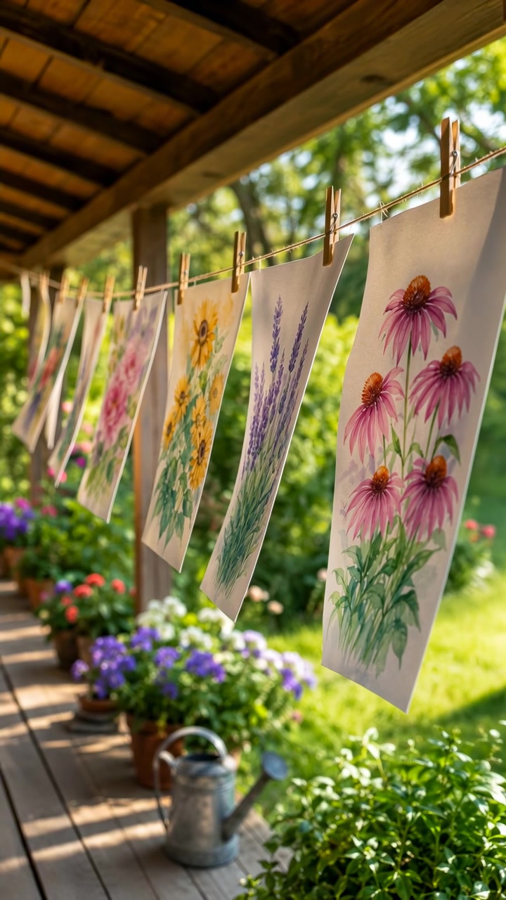 Fila di stampe botaniche ad acquerello che mostrano echinacee, lavanda, girasoli e fiori misti appese con mollette di legno a una corda da bucato in spago sotto il tetto di un portico in legno, creando un'atmosfera calda e rustica