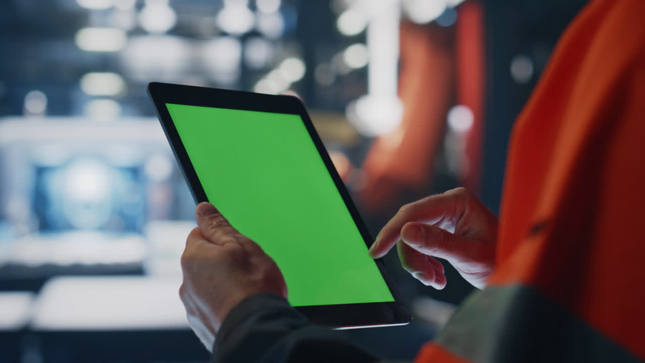 Specialist hands holding green screen tablet at manufacturing facility close up.