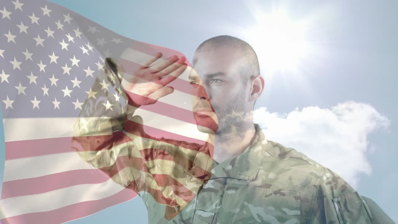 Soldier raising hand from helmet to forehead, saluting as flag overlay drifting, honoring nation
