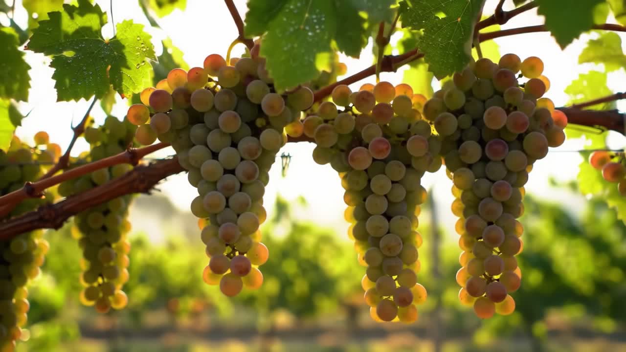 Vibrant Grapes Hanging from Vines in Sunlit Vineyard, Showcasing the Bountiful Harvest Ready for Picking with Lush Greenery in the Background