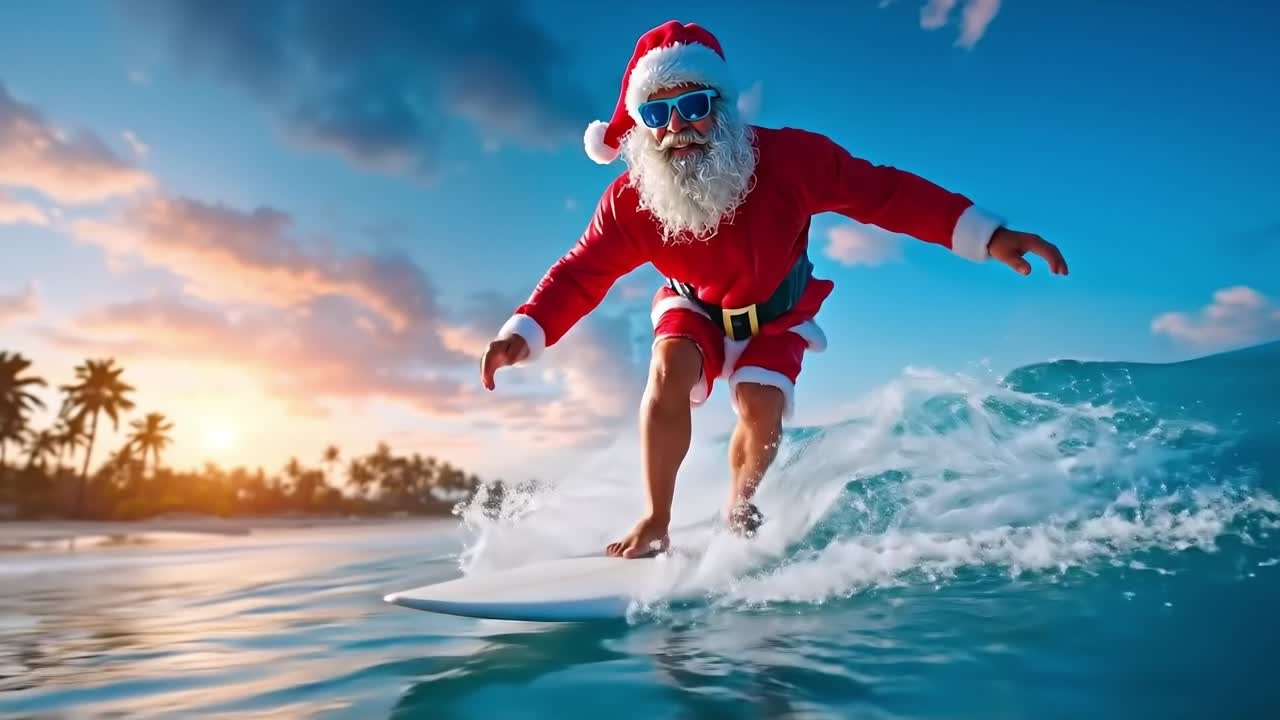 A man in a santa claus suit riding a surfboard on a wave