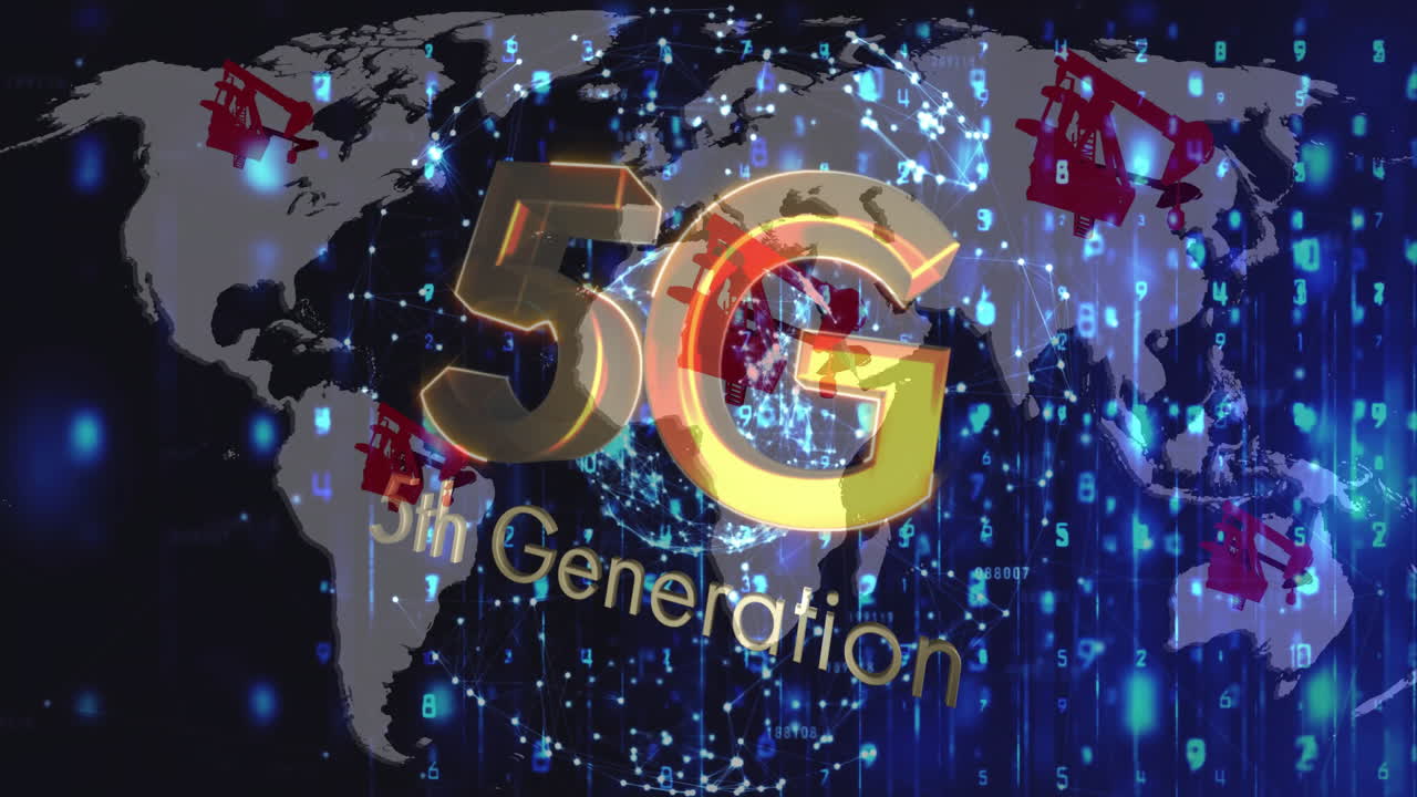 5G technology animation overlaying digital world map with network connections