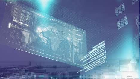 animación del mapa del mundo, globo, procesamiento de datos con haz de luz en la interfaz digital contra la ciudad