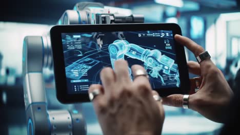 exploring advanced robotics: a high-tech interface with a sophisticated robotic arm displayed on a touchscreen device in a futuristic environment