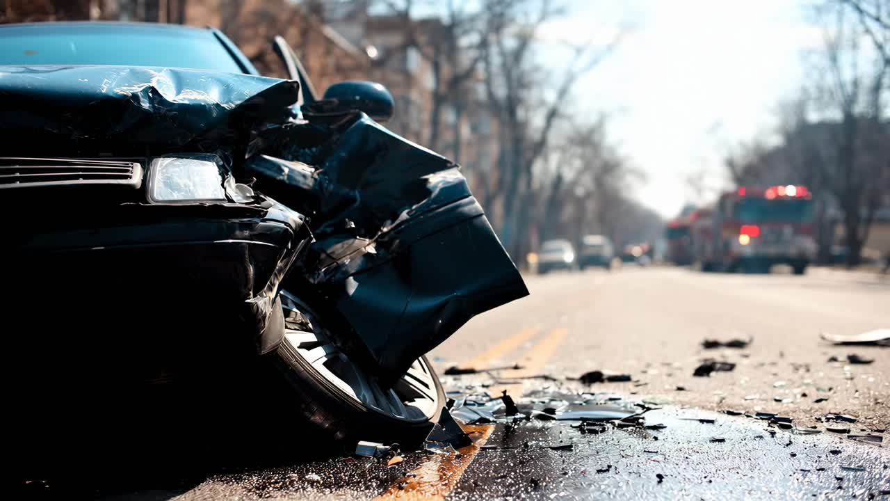 Fermo immagine video dal basso angolo di una scena di un incidente automobilistico, che cattura la parte anteriore danneggiata con sfondo sfocato