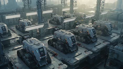 aerial view of advanced robotic automation in a futuristic industrial facility showcasing multiple heavy-duty vehicles ready for deployment and operation