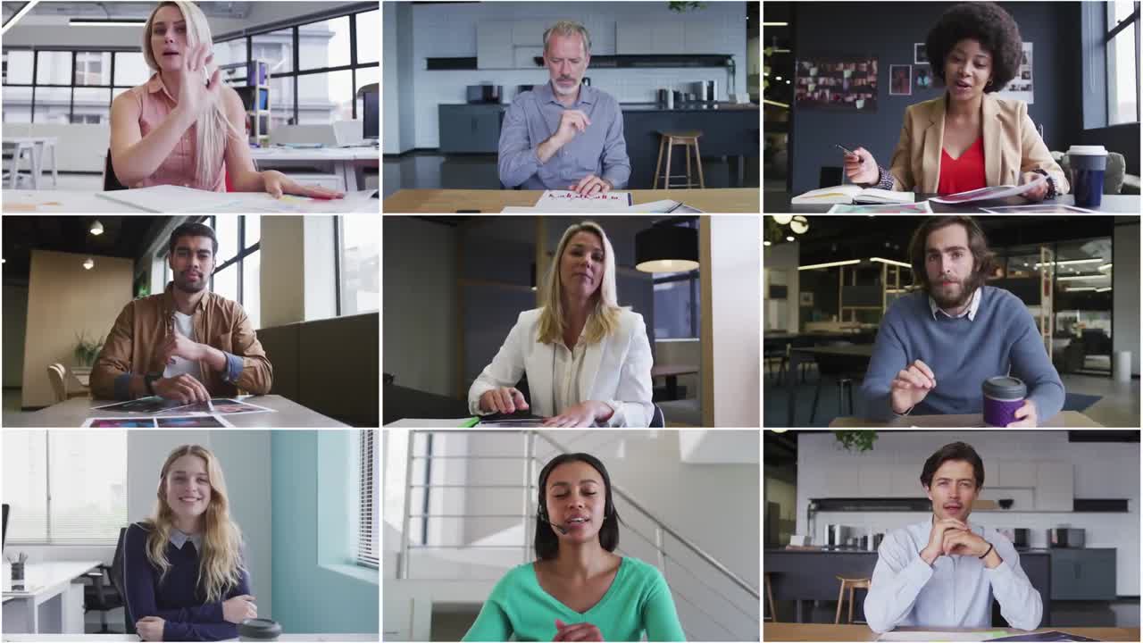 Team of work colleagues displayed on screens talking and brainstorming on video call